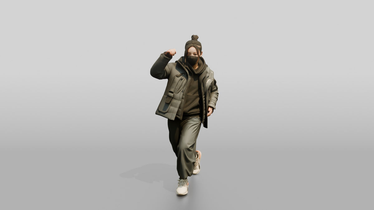 Techwear Woman in Puffer Jacket Mid-Stride - 3D character model, view 2