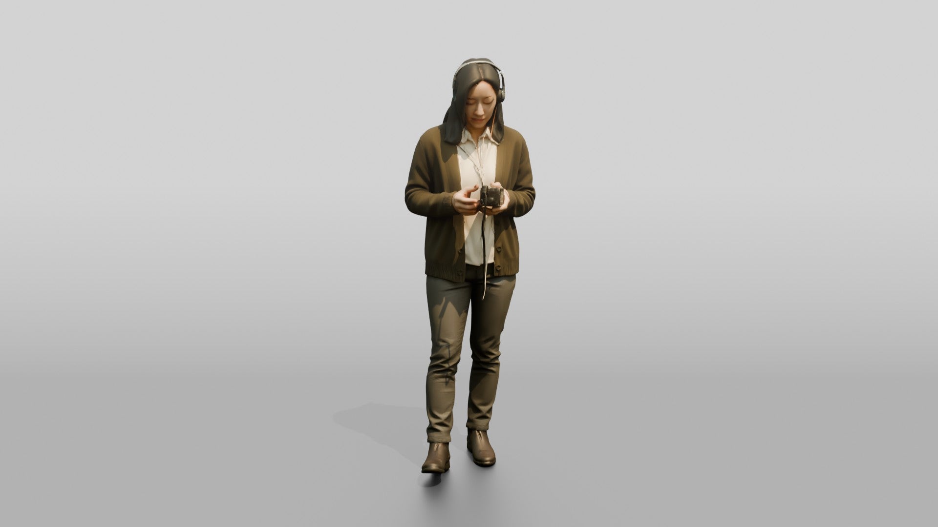 Homeless Woman Listening Intently to a Small Tape Player