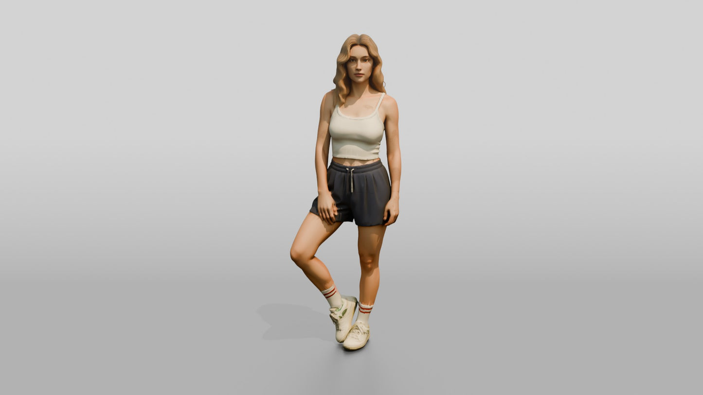 Blonde Woman Walking in Cream Tank Top and Shorts
