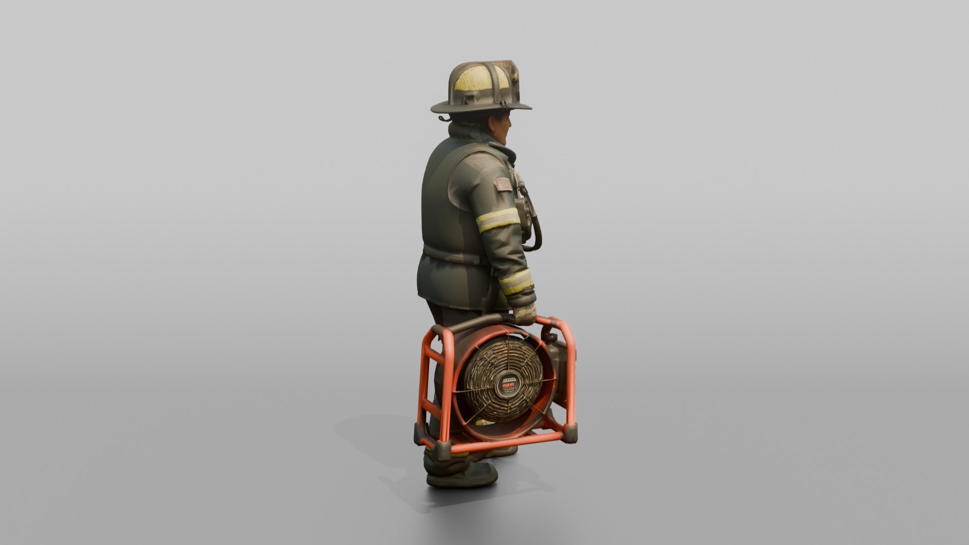 Firefighter Woman Carrying a Battery-powered Ventilation Fan