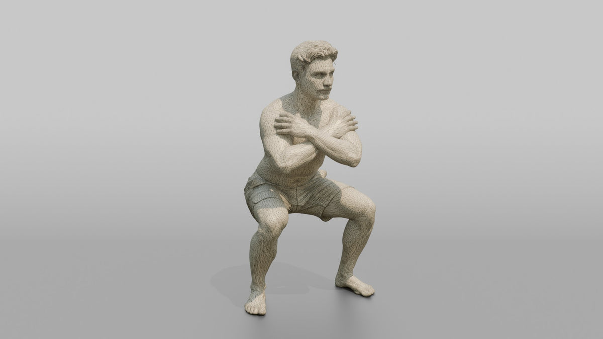 Bodyweight Athlete Man Holding A Deep Squat Position, Arms Crossed - wireframe topology preview