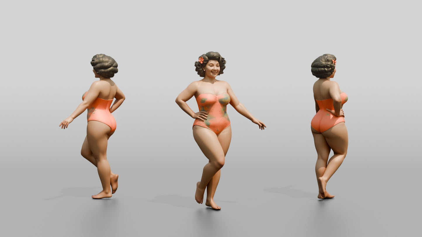 Curvy Woman in Coral One-Piece Swimsuit Playful Pose