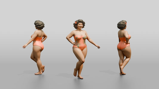 Curvy Woman in Coral One-Piece Swimsuit Playful Pose
