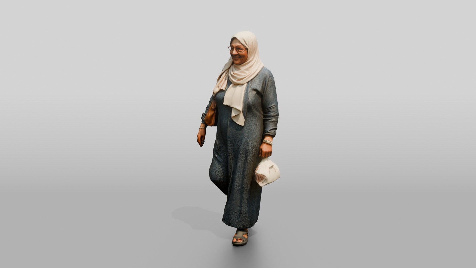 Elderly Egyptian Woman in Hijab Walking with a Handbag