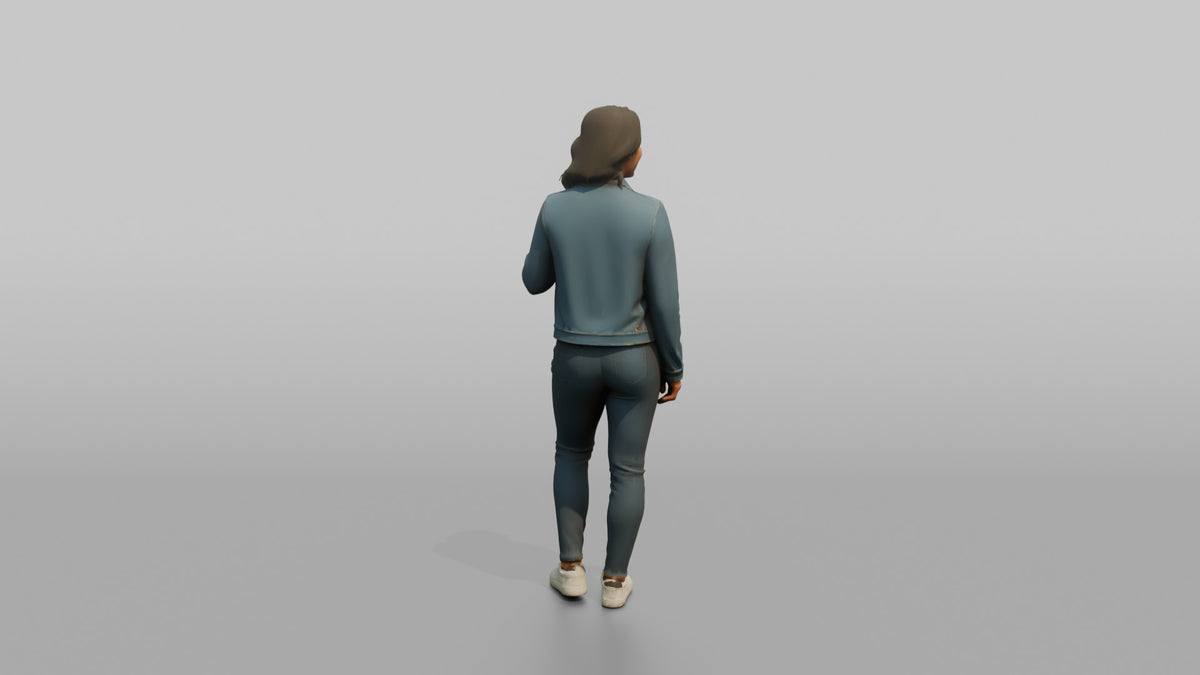 Woman Customer Trying On A Denim Jacket - 3D character model, view 3