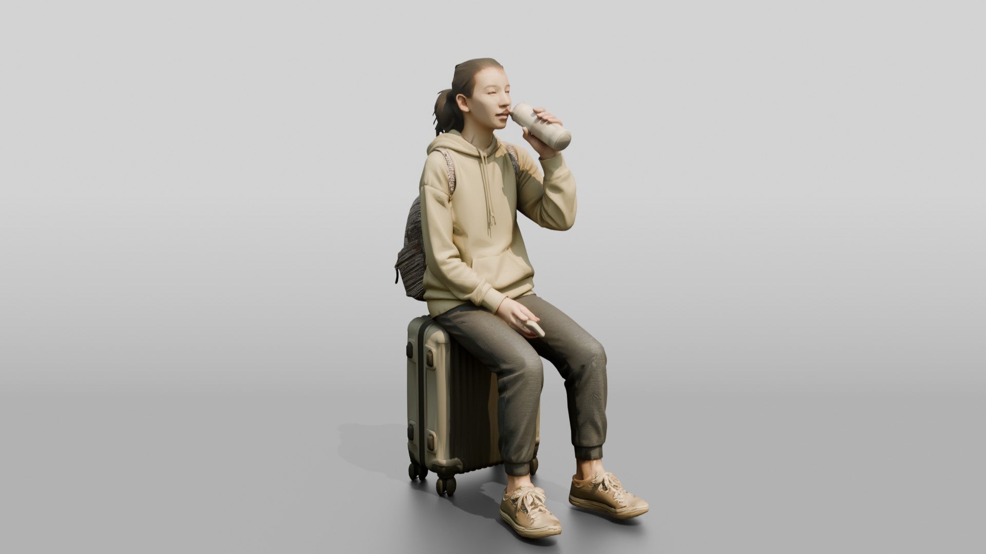 Young Woman Seated on Suitcase Drinking from Travel Cup