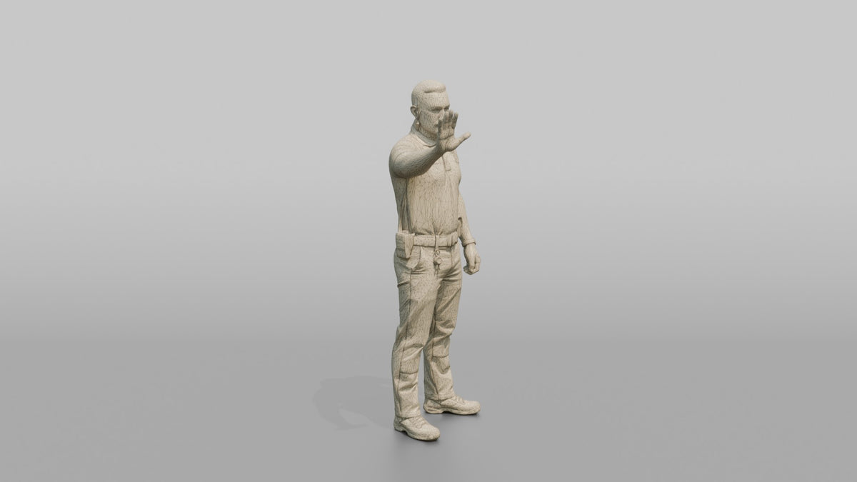 Door Staff Man Gesturing Stop With One Hand Raised - wireframe topology preview