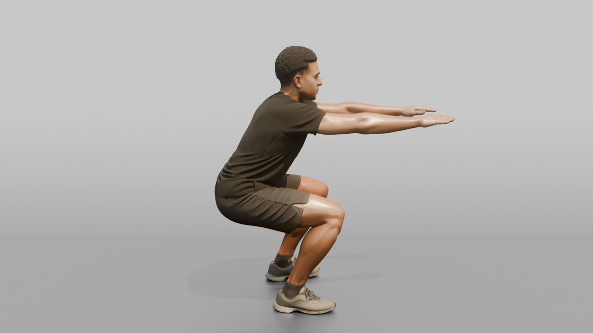 Bodyweight Athlete Man Doing A Bodyweight Squat, Arms Extended Forward - 3D character model, view 2