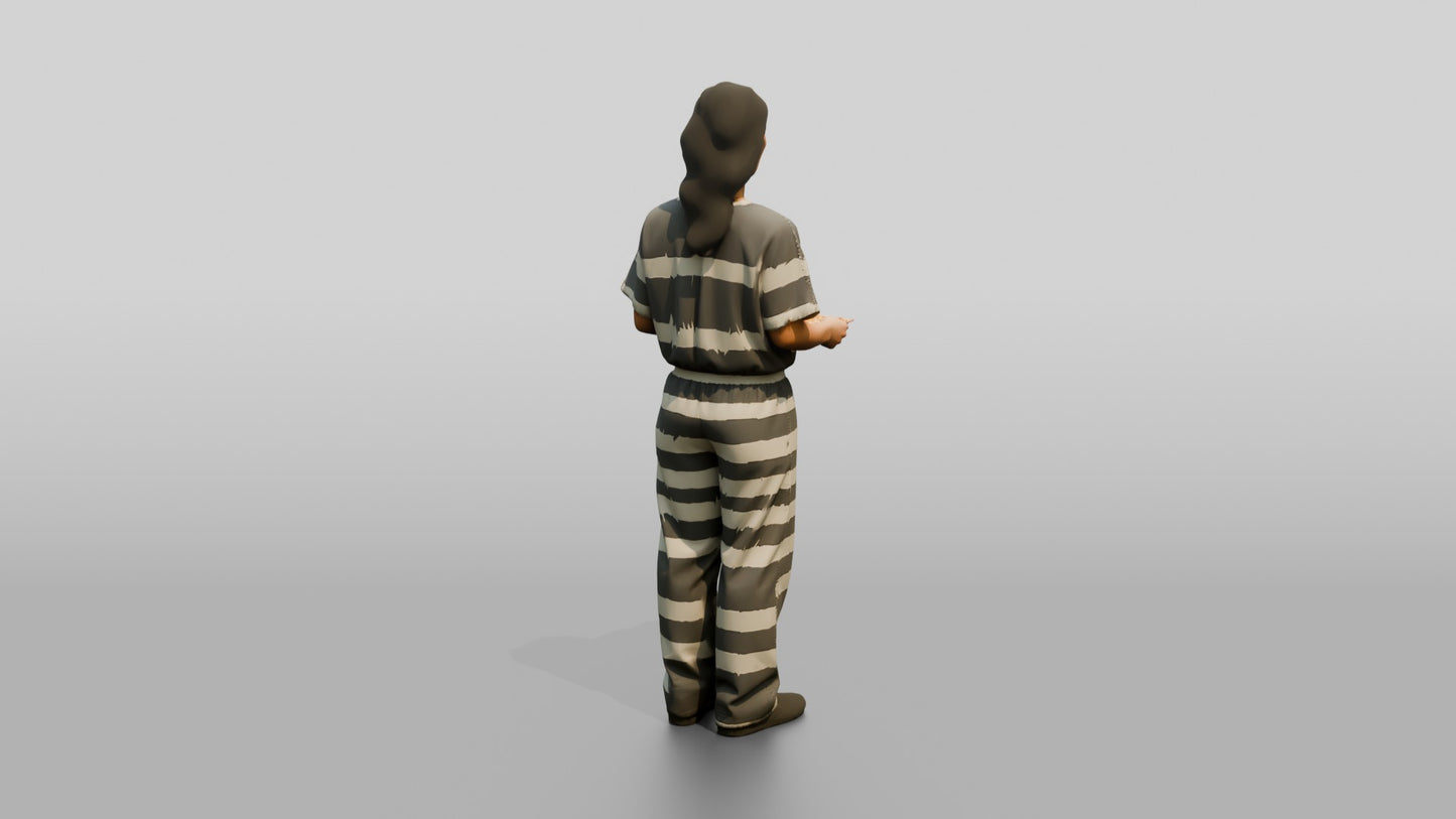 East Asian Female Prisoner in a Grey-white Striped Uniform