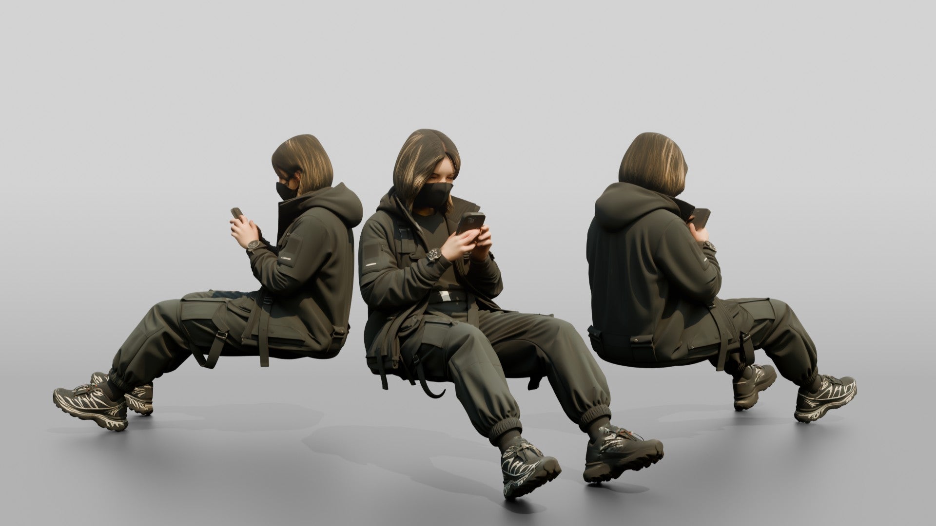 Techwear Woman Scrolling Her Phone