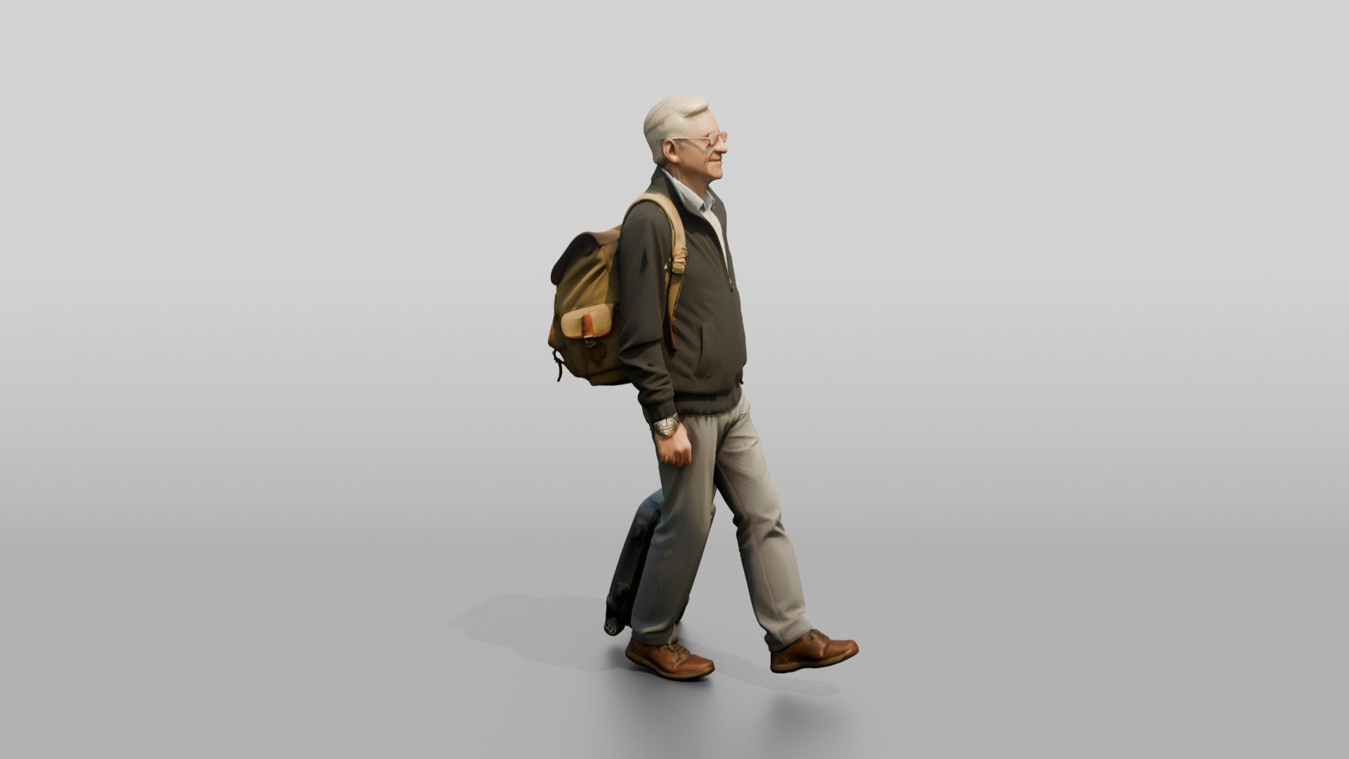 Elderly Man with Glasses Walking with Backpack and Carry-On