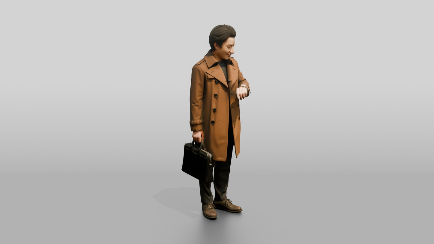 East Asian Man in Brown Raincoat Checking Watch