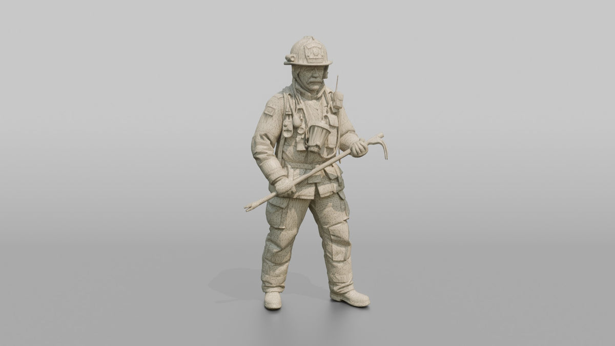 Firefighter Man Wielding a Halligan Entry Tool - wireframe topology preview