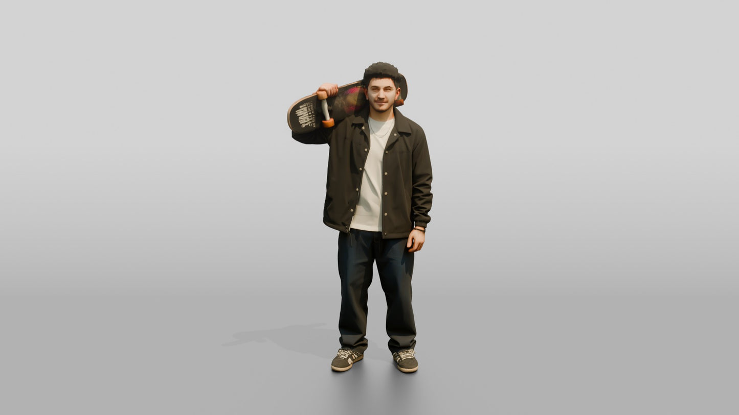 Skater Man Carrying Skateboard on Shoulder