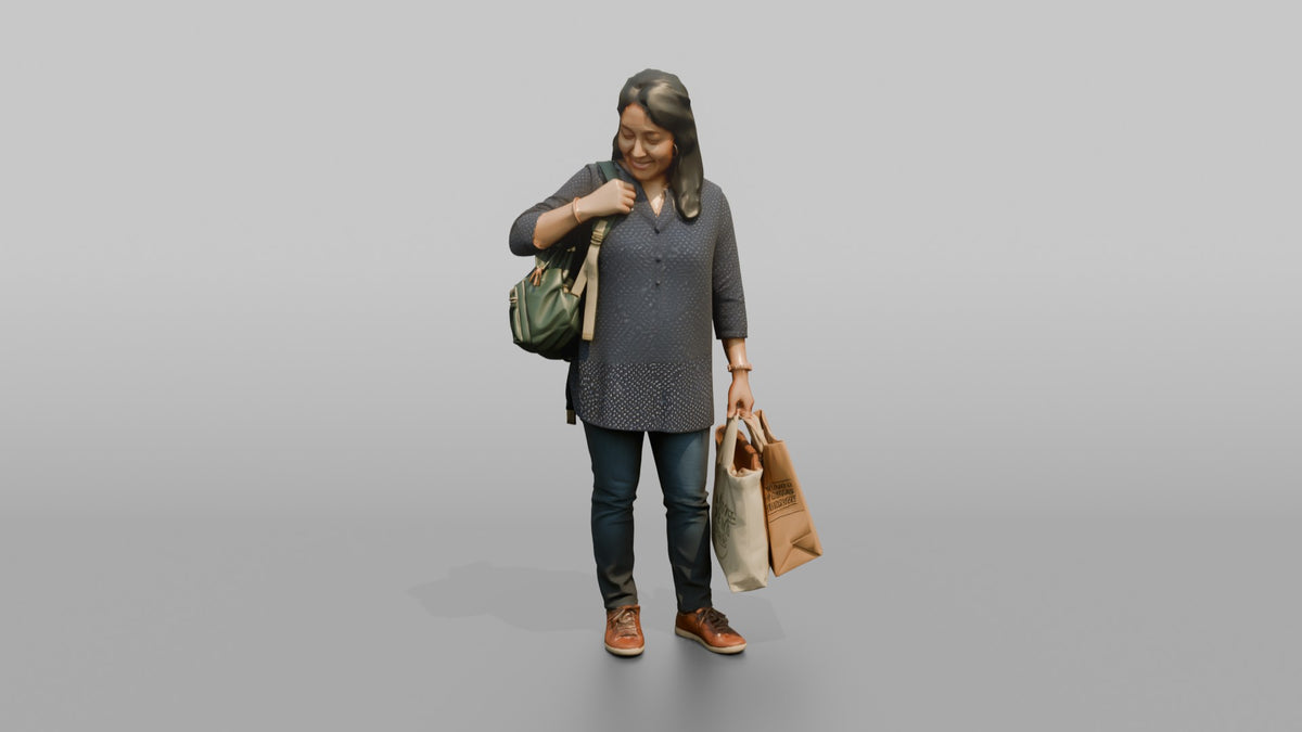 Woman Customer Adjusting Her Backpack Strap While Carrying Two Shopping Bags - 3D character model, view 5