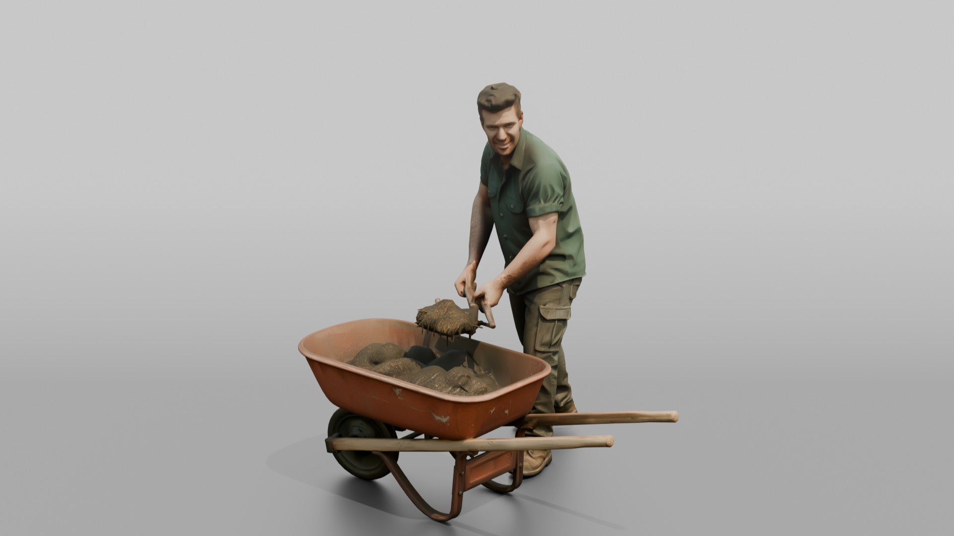 Farmer Shoveling Manure Into Wheelbarrow