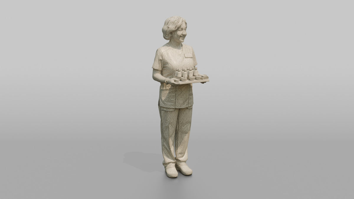 Massage Therapist Woman Holding A Small Tray With Oil Bottles - wireframe topology preview