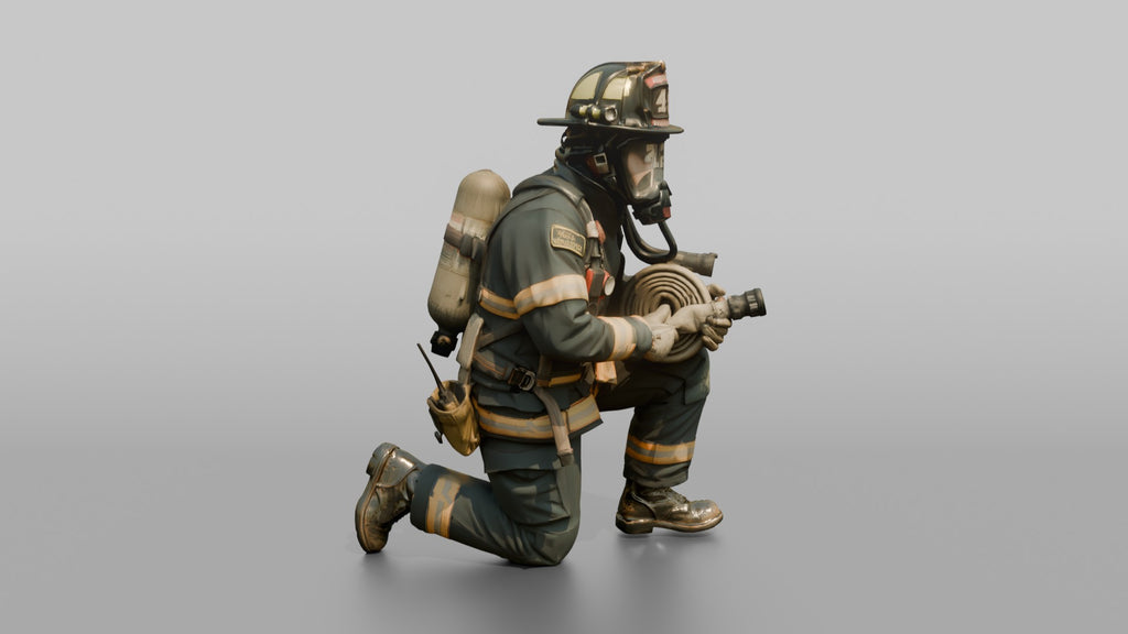 Firefighter Man Crouching in a Low Tactical Stance