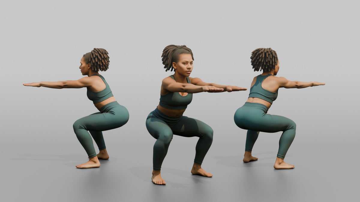Fitness Influencer Woman Doing A Bodyweight Squat, Arms Extended Forward - 3D character model, view 1
