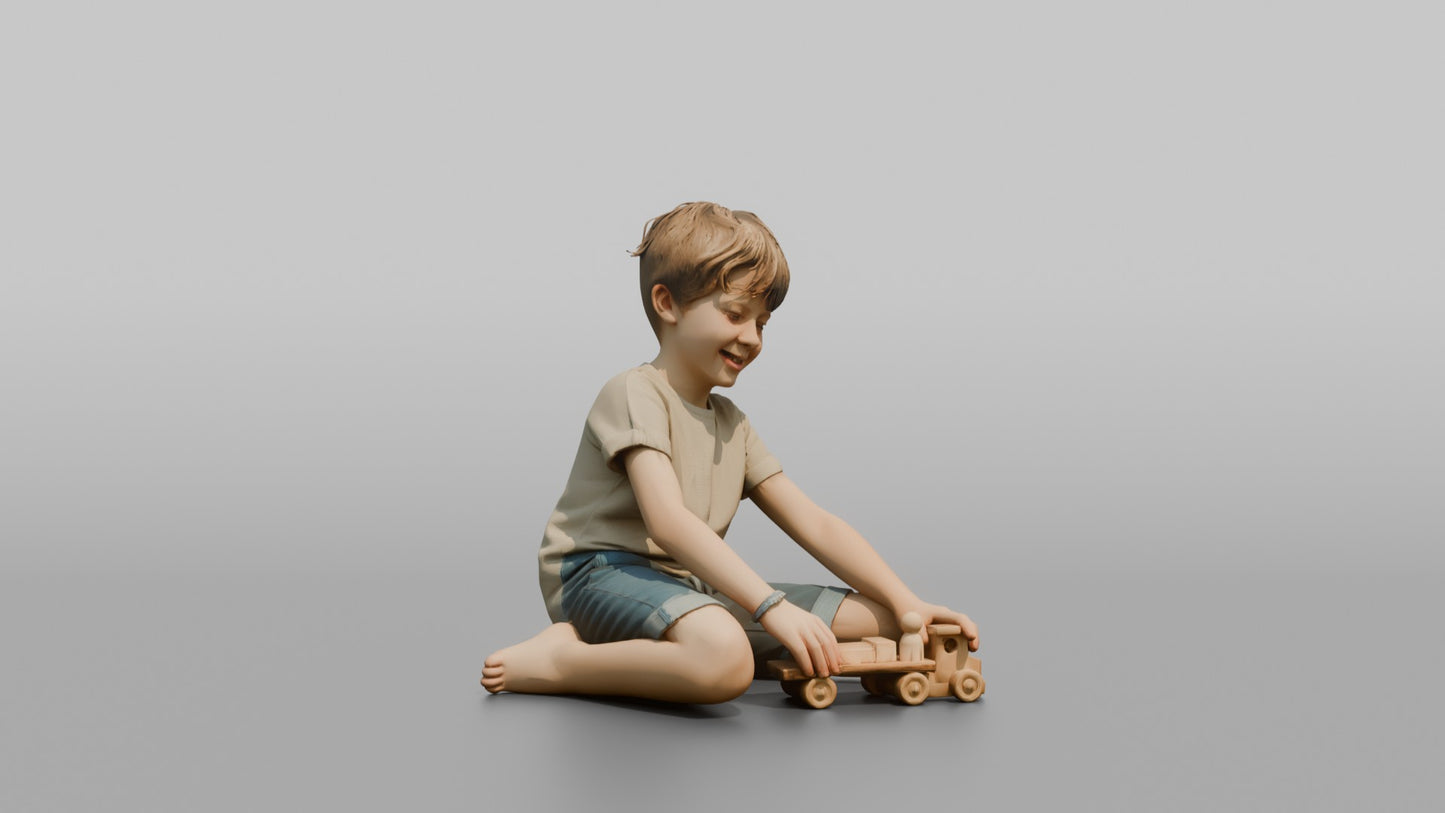 Boy Kneeling and Playing with a Wooden Toy