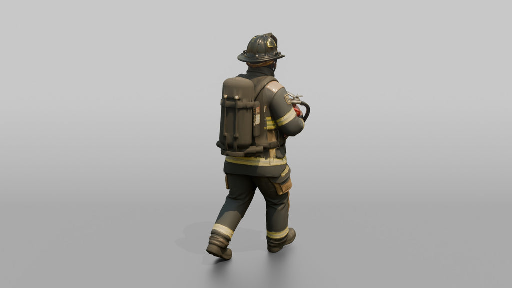 Firefighter Man Carrying a Heavy Foam Fire Extinguisher