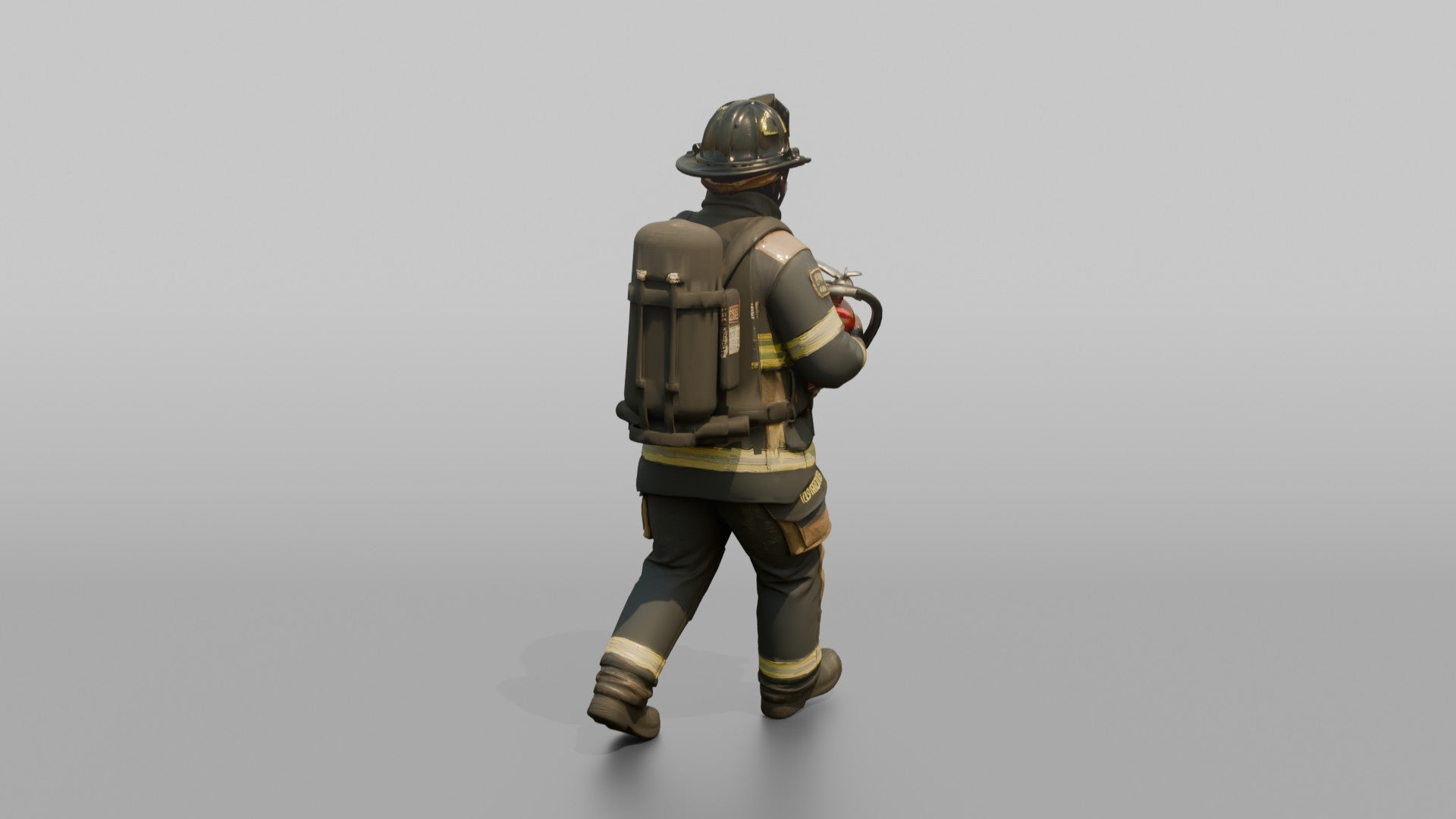 Firefighter Man Carrying a Heavy Foam Fire Extinguisher