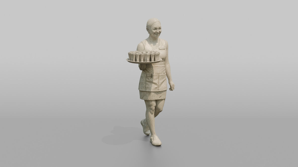 Cocktail Server Woman Carrying A Tray Of Colorful Shots - wireframe topology preview
