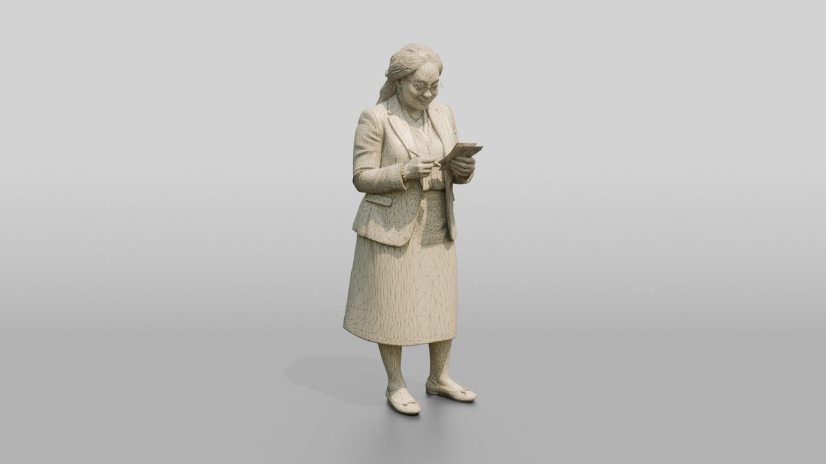 African Woman in a Blazer Checking Receipts - wireframe topology preview