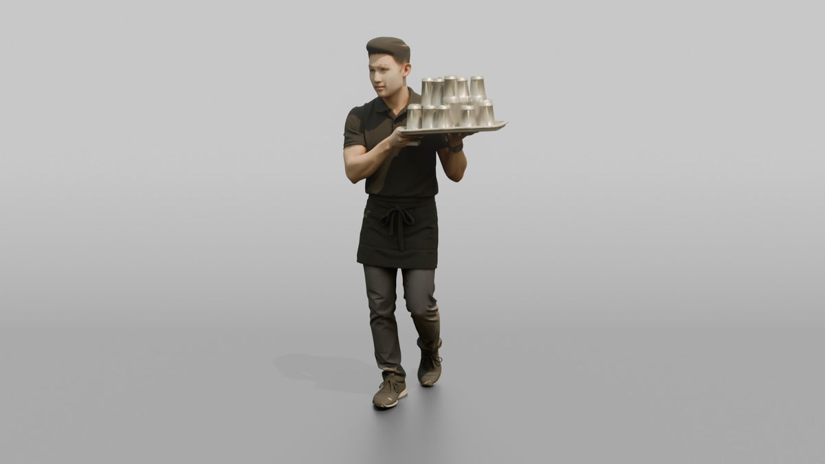 Server Man Balancing A Tray Of Empty Glasses - 3D character model, view 4