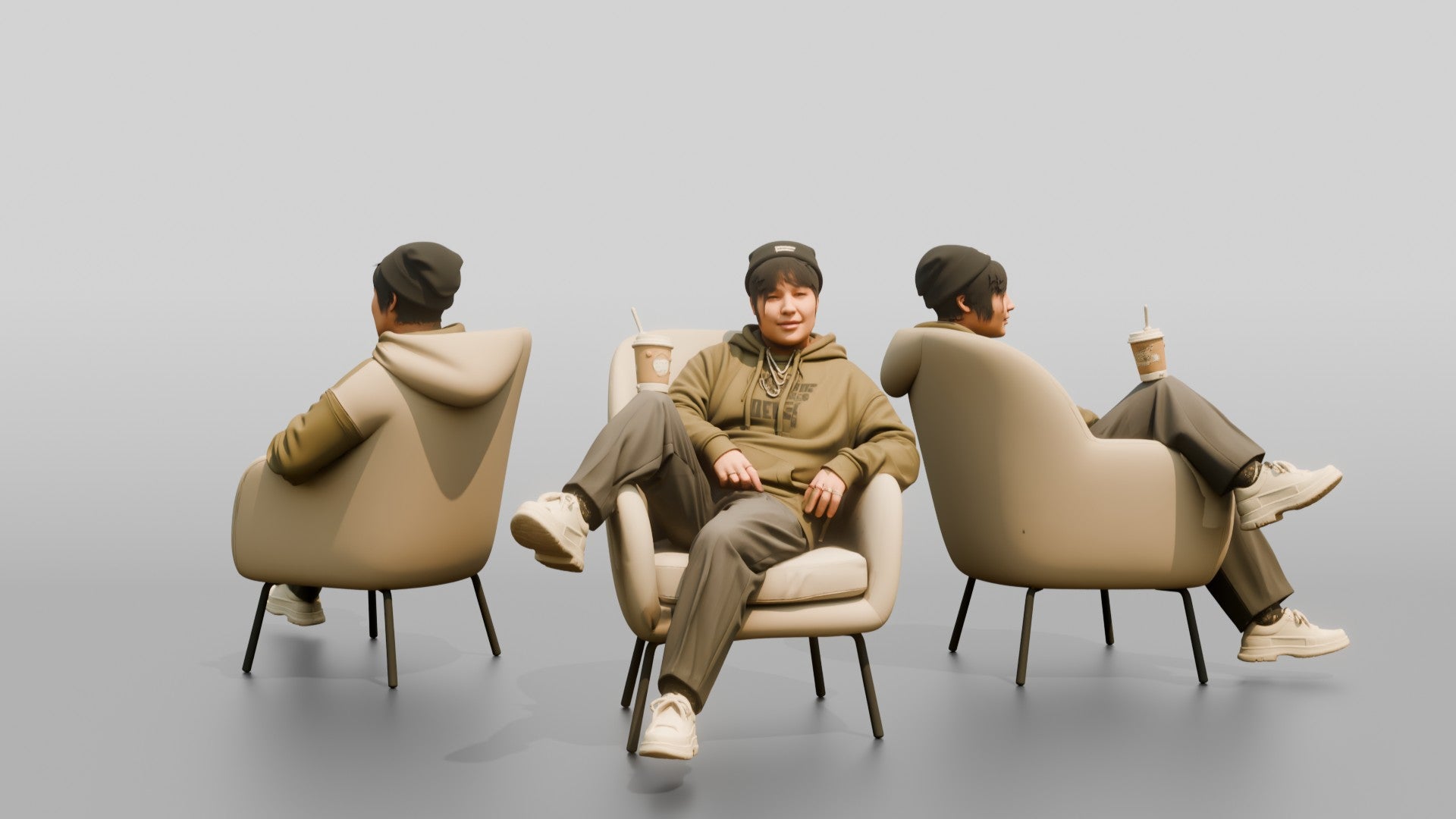 Asian Person Lounging with Coffee Cup