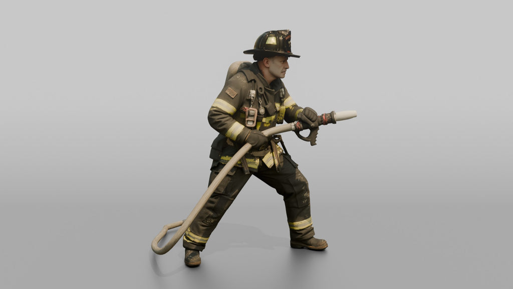 Firefighter Man Bracing Himself While Holding a Pressurized Fire Hose