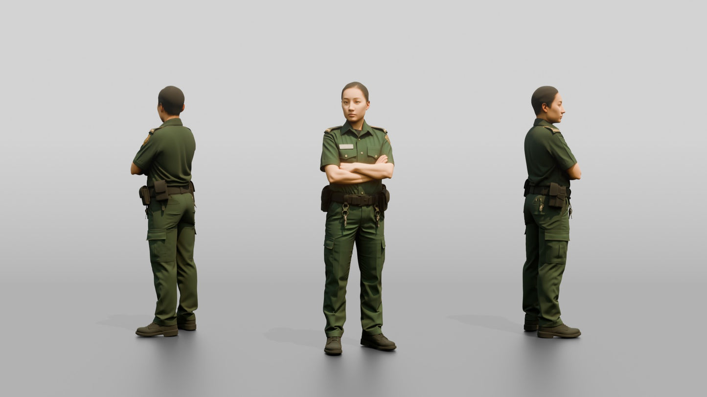 East Asian Female Guard in a Dark Green Guard Uniform