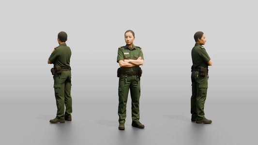 East Asian Female Guard in a Dark Green Guard Uniform