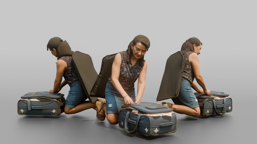 Traveler Kneeling To Zip Her Suitcase