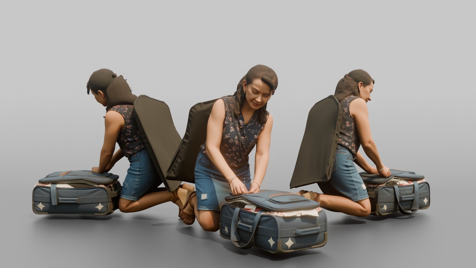 Traveler Kneeling To Zip Her Suitcase
