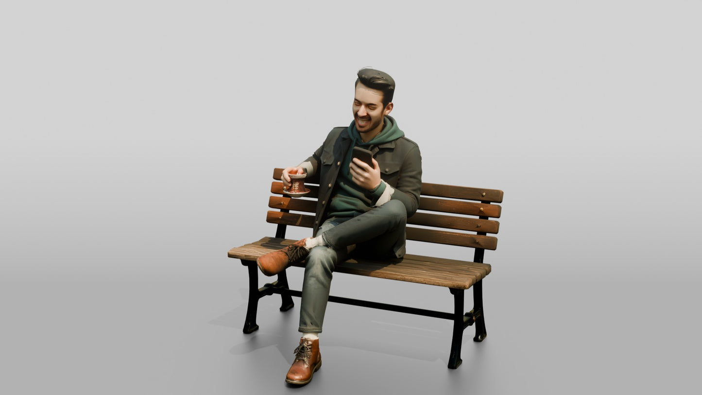 Man Laughing While Texting with Tea