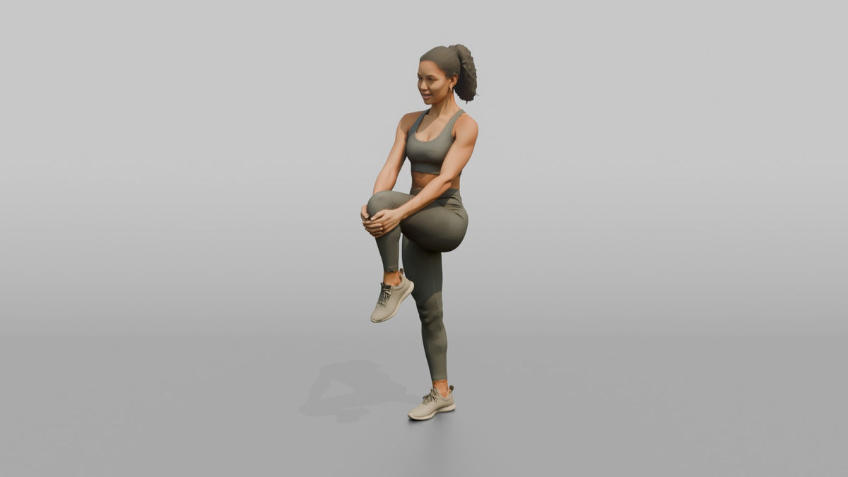Fitness Influencer Woman Doing A Standing Knee-to-chest Stretch - 3D character model, view 5