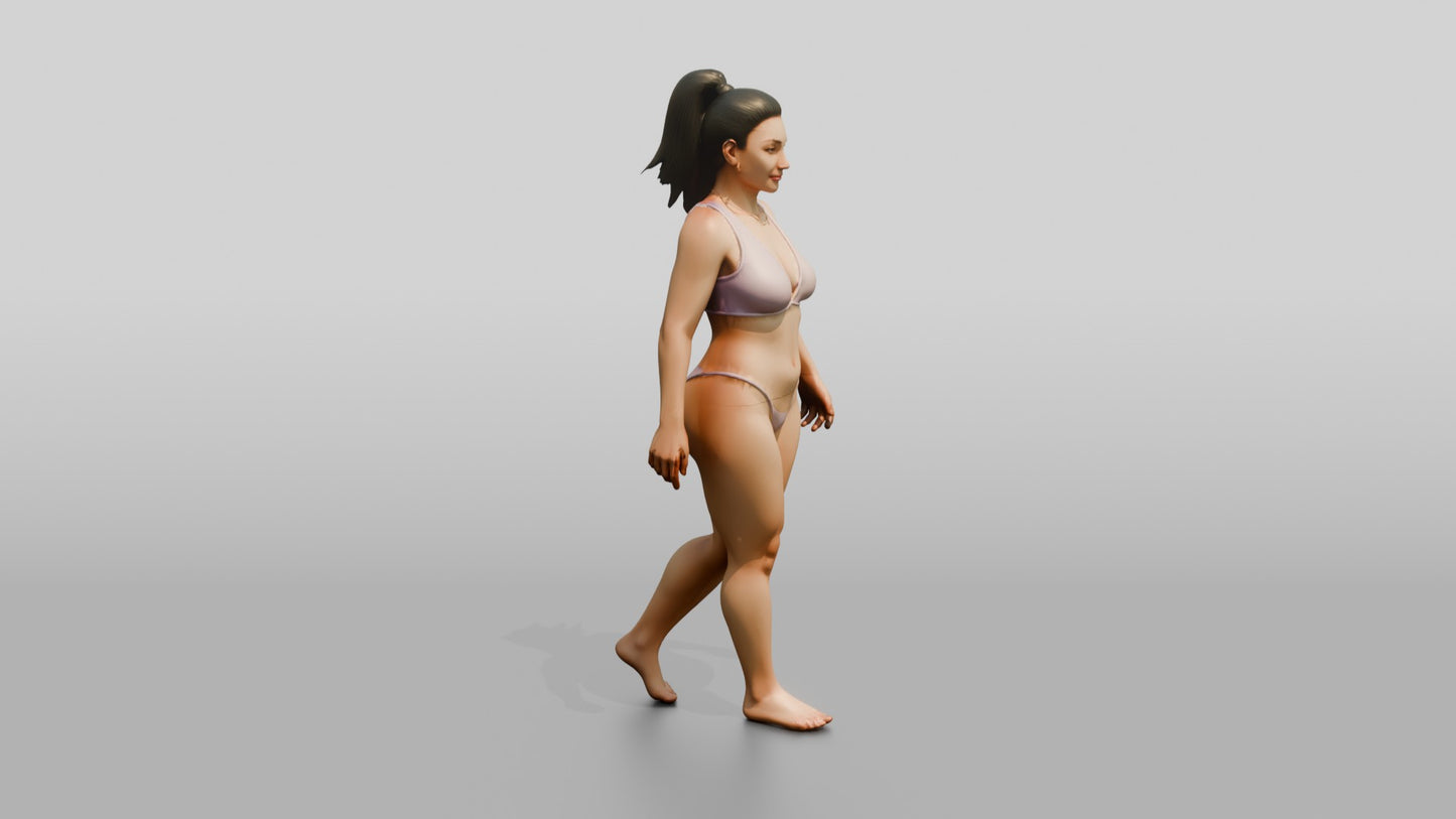 Curvy Woman in Lilac Two-Piece Swimsuit Walking