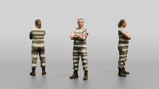 Caucasian Female Prisoner in a Grey-white Striped Uniform