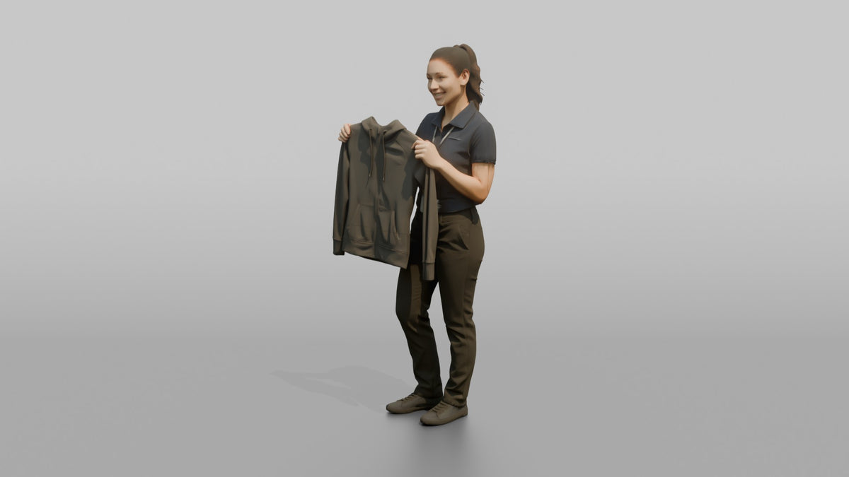 Woman Sales Associate Holding Up A Jacket For Size Comparison - 3D character model, view 4