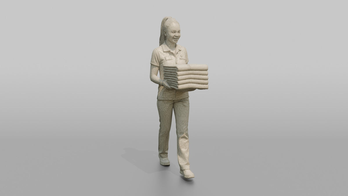 Spa Attendant Man Carrying A Stack Of Folded Pool Towels - wireframe topology preview