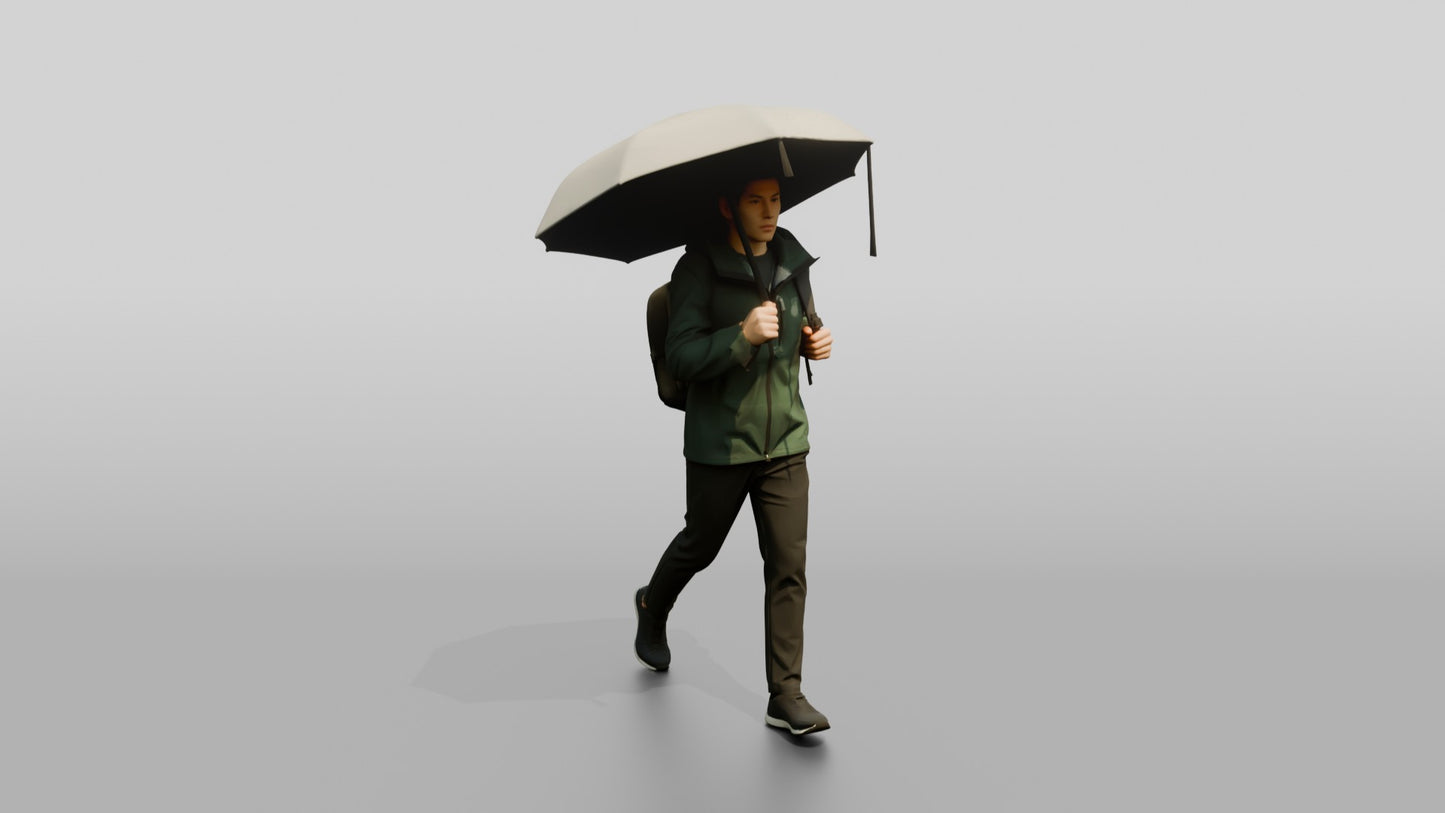 East Asian Man in Green Rain Jacket with Umbrella