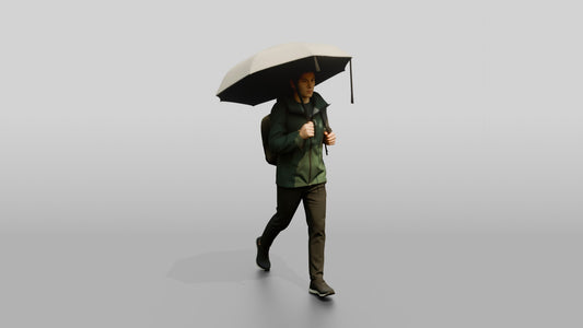 East Asian Man in Green Rain Jacket with Umbrella - 3D character model, view 1