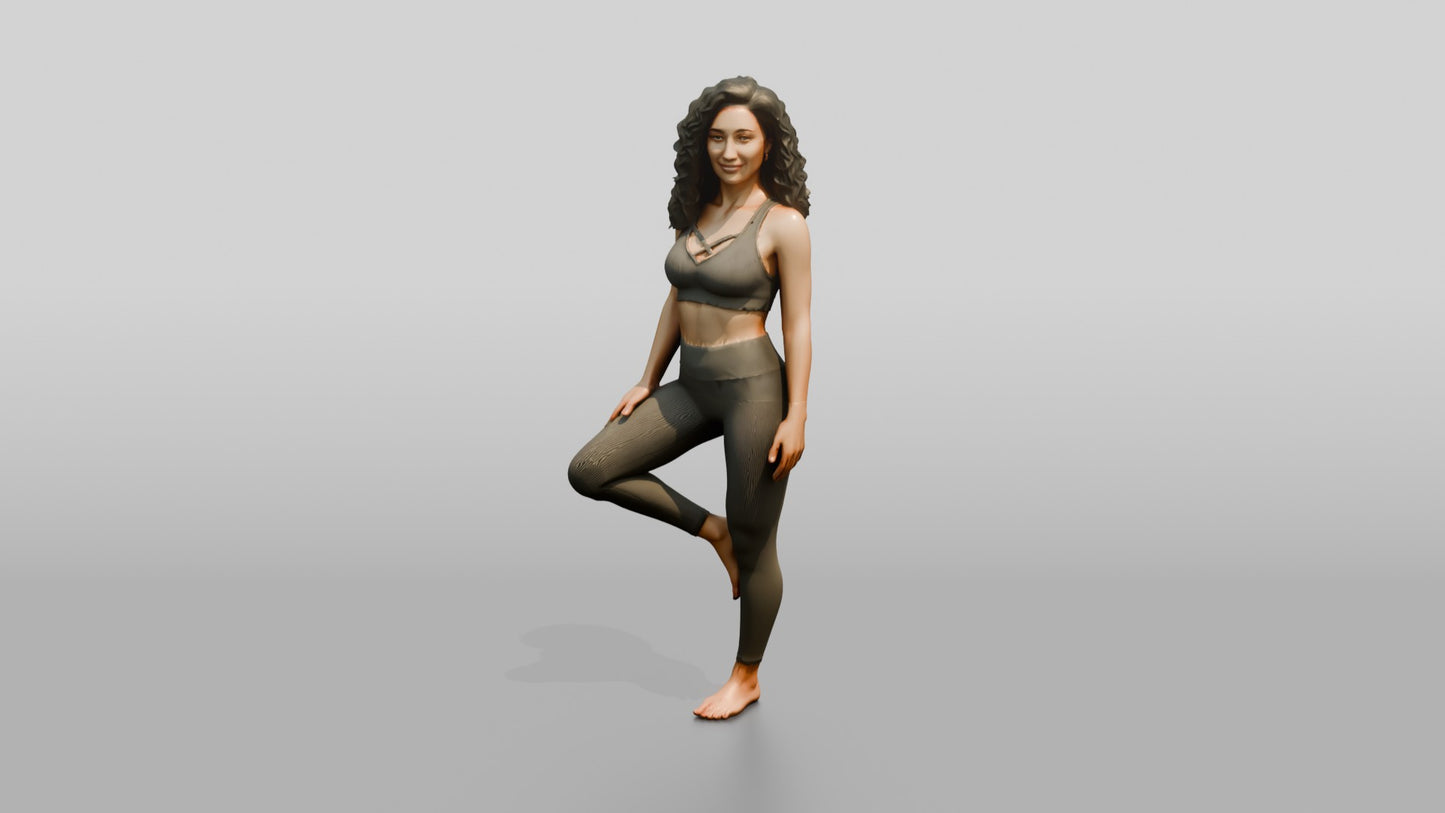 Curly-Haired Woman in Olive Activewear in Tree Pose