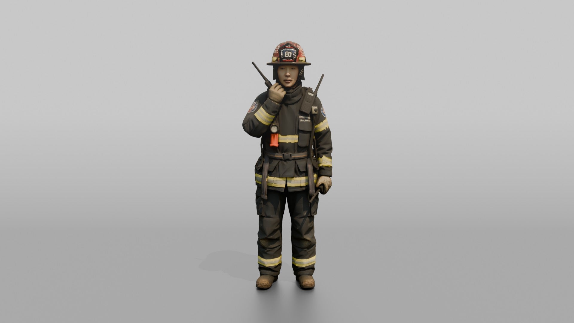 Firefighter Woman Speaking Into a Shoulder Walkie-talkie