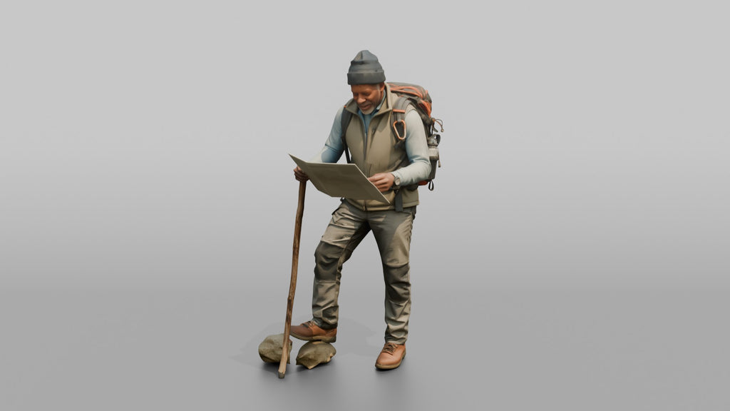Hiker Leaning on a Walking Stick, Reading a Map