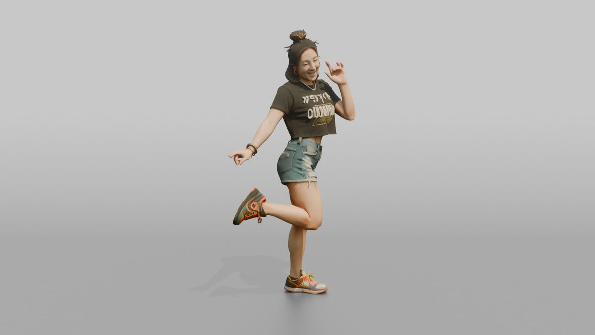 Patron Woman Striking A Playful Pose In Mismatched Colorful Sneakers - 3D character model