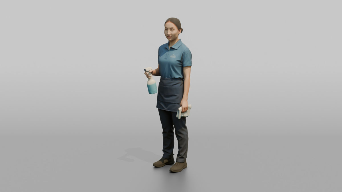 Housekeeping Staff Man Holding A Spray Bottle And Cloth - 3D character model, view 4