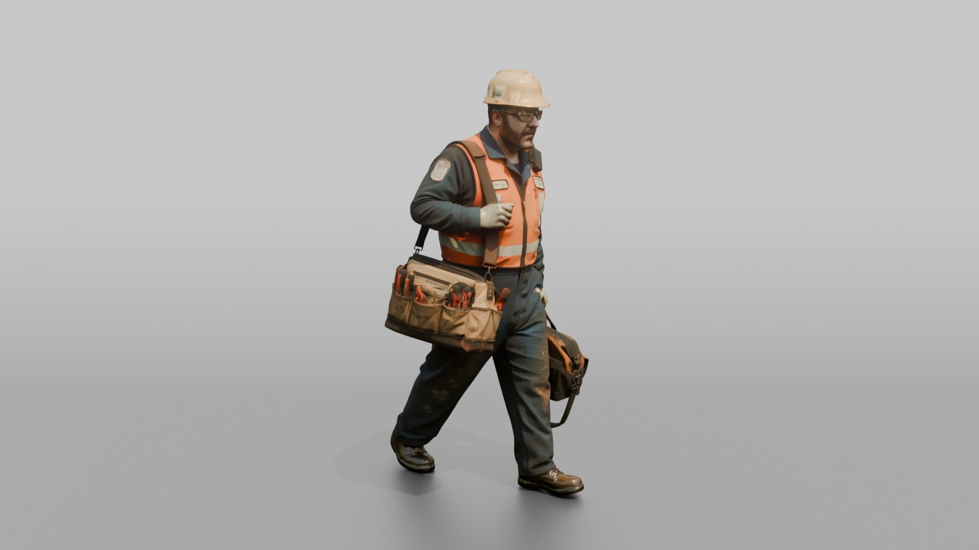 Engineer Carrying a Tool Bag Through the Engine Room