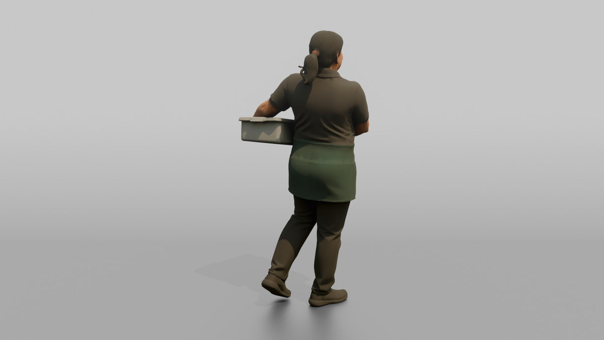 Server Woman Carrying A Bus Tub Of Dishes - 3D character model, view 3